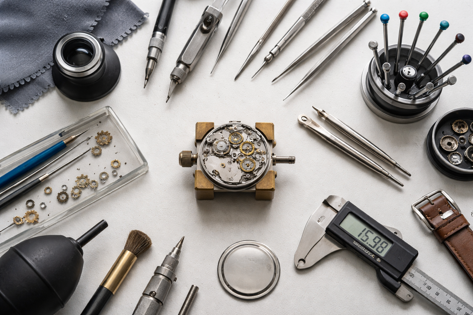 Outils d’horloger disposés sur un établi